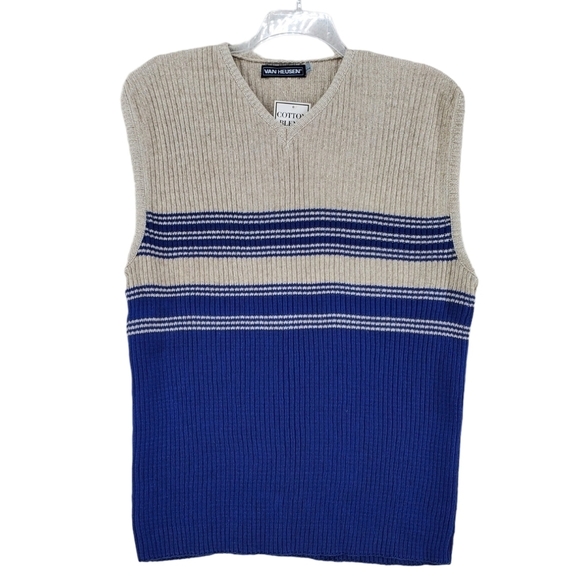 Vtg 90s Van Heusen Vest Dad Pullover Beige Blue Striped Linen Cotton Men L NWT - Picture 1 of 15